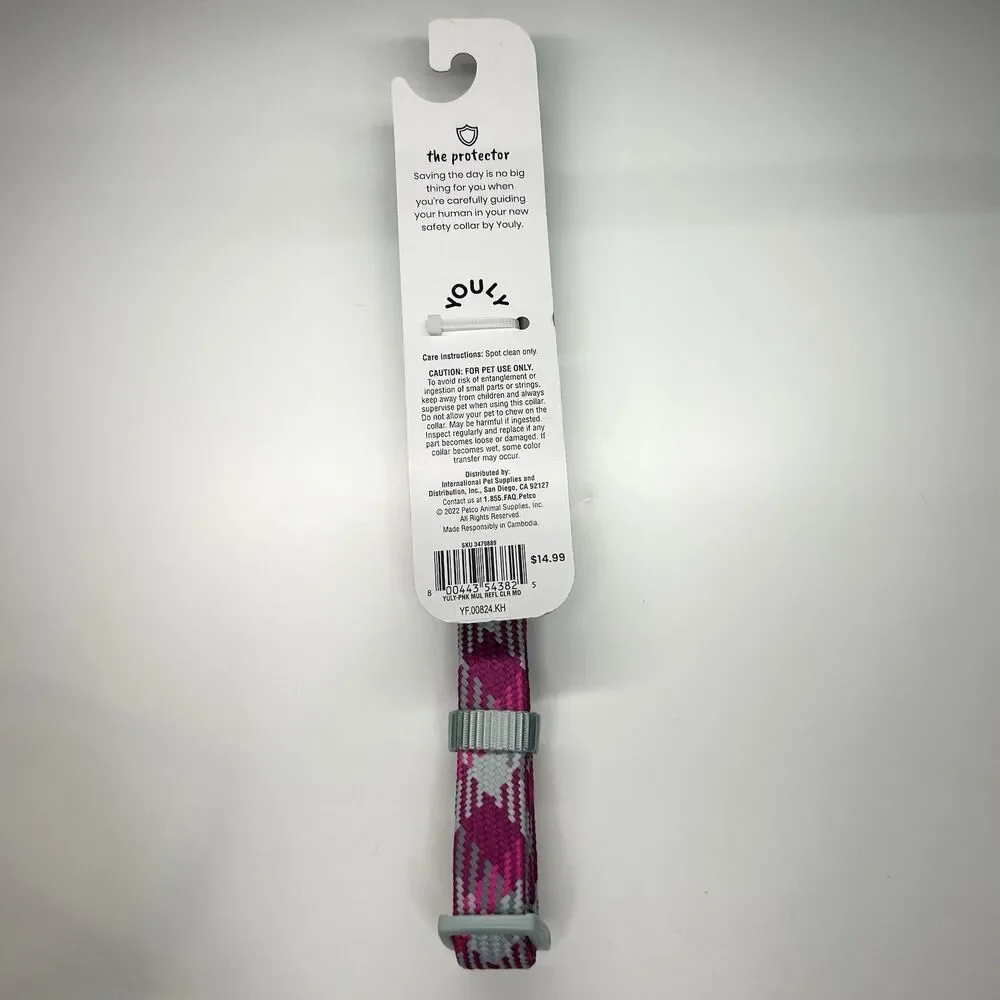 YOULY The Protector Dog Collar Reflective Pink & Gray, M Medium Pet 14”-20”